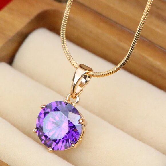 "Rose Gold Pendant with Purple Solitaire Round Stone, XPPT1257 - Picture 1 of 12